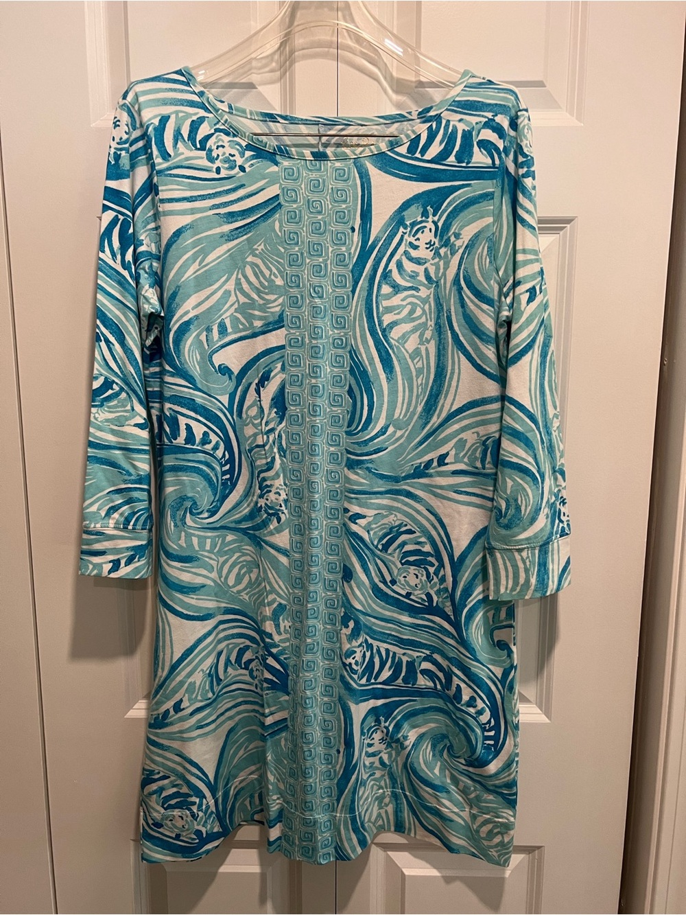 Lilly Pulitzer Teal & White Swirl Print Long Sleeve Dress